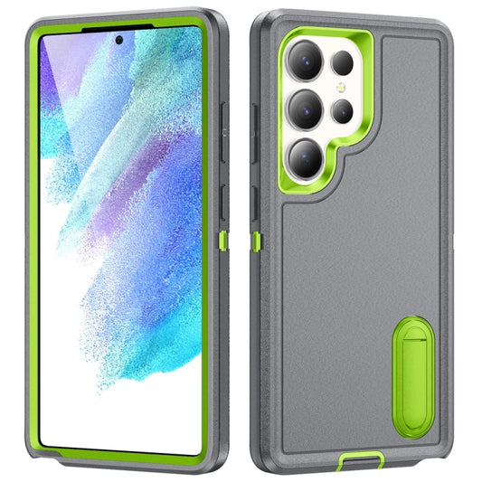 For Samsung Galaxy S25 Ultra 5G Rugged PC Hybrid Silicone Phone Case with Holder(Grey+Fresh Green) - Galaxy S25 Ultra 5G Cases by buy2fix | Online Shopping UK | buy2fix