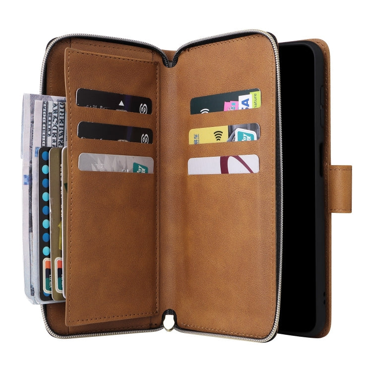 For Samsung Galaxy S25+ 5G 9-Card Slots Zipper Wallet Bag Leather Phone Case(Brown) - Galaxy S25+ 5G Cases by buy2fix | Online Shopping UK | buy2fix