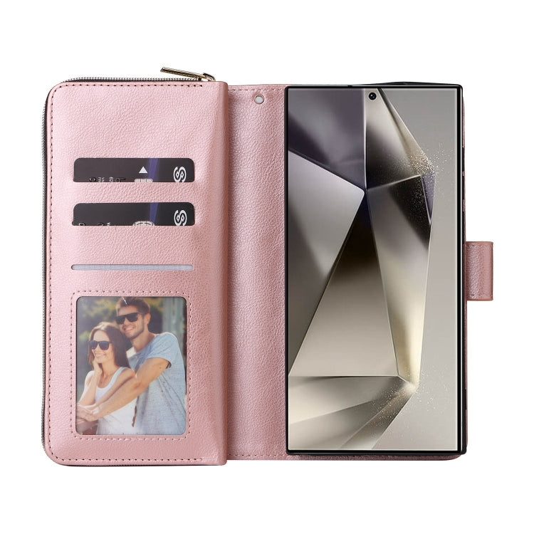 For Samsung Galaxy S25 Ultra 5G 9-Card Slots Zipper Wallet Bag Leather Phone Case(Rose Gold) - Galaxy S25 Ultra 5G Cases by buy2fix | Online Shopping UK | buy2fix