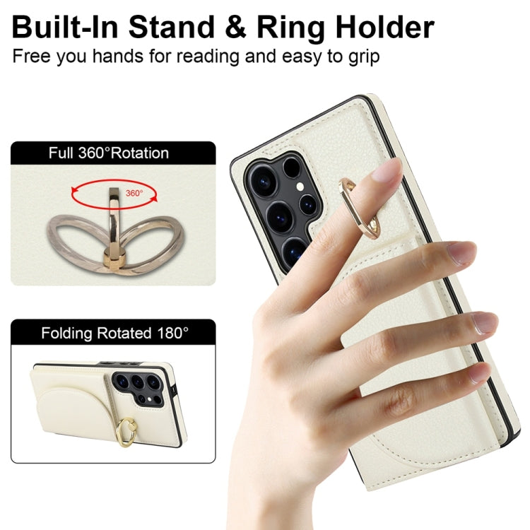 For Samsung Galaxy S25 Ultra 5G Ring Holder Card Bag Skin Feel Phone Case(White) - Galaxy S25 Ultra 5G Cases by buy2fix | Online Shopping UK | buy2fix