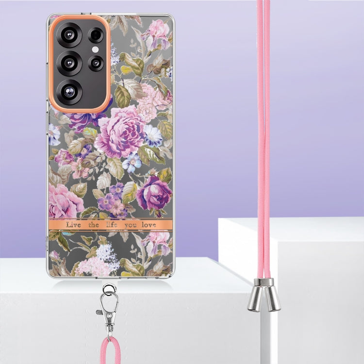 For Samsung Galaxy S25 Ultra 5G Flowers and Plants Series IMD TPU Phone Case with Lanyard(Purple Peony) - Galaxy S25 Ultra 5G Cases by buy2fix | Online Shopping UK | buy2fix