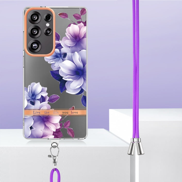 For Samsung Galaxy S25 Ultra 5G Flowers and Plants Series IMD TPU Phone Case with Lanyard(Purple Begonia) - Galaxy S25 Ultra 5G Cases by buy2fix | Online Shopping UK | buy2fix