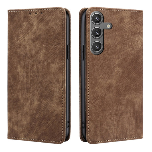 For Samsung Galaxy S25 5G RFID Anti-theft Brush Magnetic Leather Phone Case(Brown) - Galaxy S25 5G Cases by buy2fix | Online Shopping UK | buy2fix