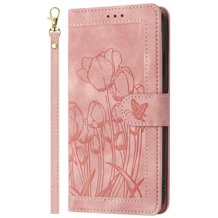 For Samsung Galaxy S25 Ultra 5G Tulips Embossed Leather Phone Case with Lanyard(Pink) - Galaxy S25 Ultra 5G Cases by buy2fix | Online Shopping UK | buy2fix