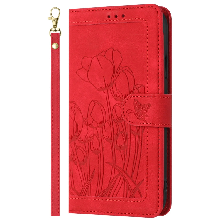 For Samsung Galaxy S25 5G Tulips Embossed Leather Phone Case with Lanyard(Red) - Galaxy S25 5G Cases by buy2fix | Online Shopping UK | buy2fix