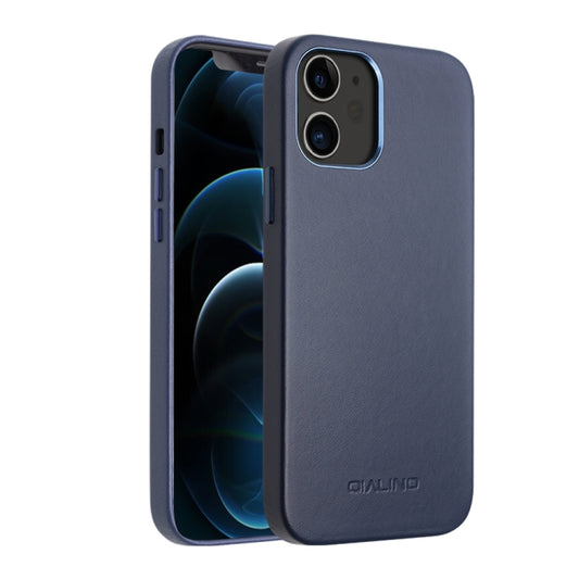 For iPhone 12 / 12 Pro QIALINO Shockproof Cowhide Leather Protective Case(Blue) - iPhone 12 / 12 Pro Cases by QIALINO | Online Shopping UK | buy2fix