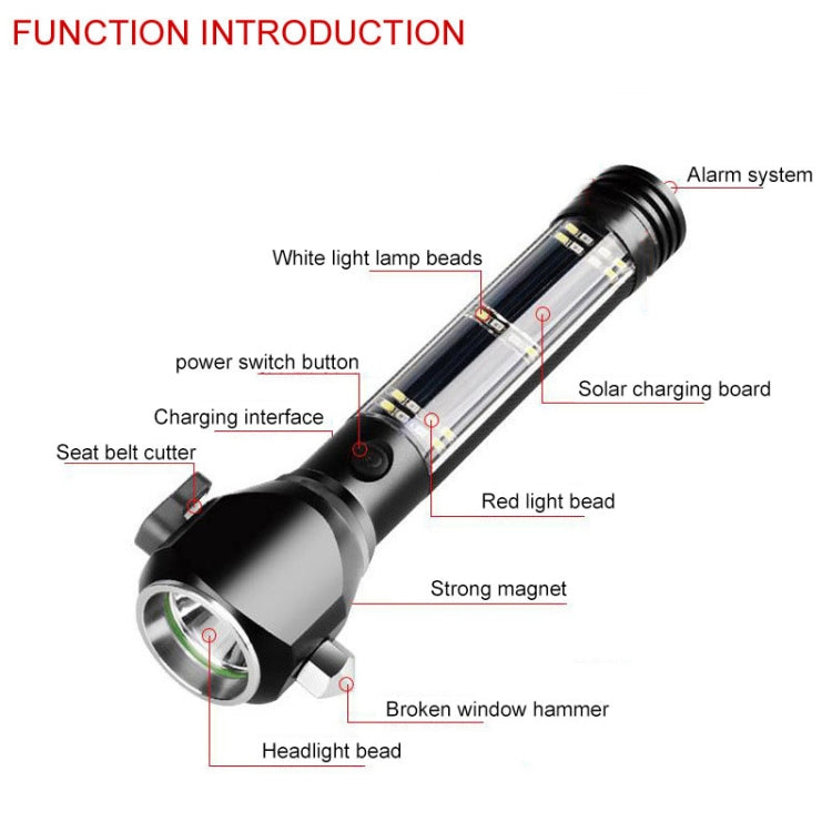 Multi-functional Car Safety Hammer Solar Alarm Emergency Working Flashlight (Black) - LED Flashlight by buy2fix | Online Shopping UK | buy2fix