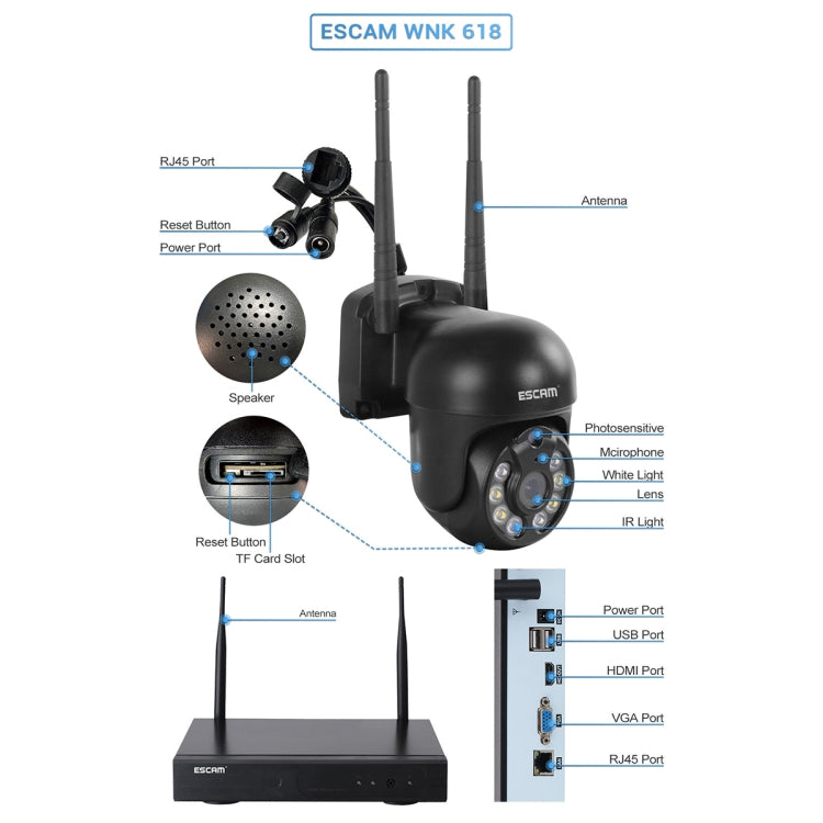 ESCAM WNK618 3.0 Million Pixels 8-channel Wireless Dome Camera HD NVR Security System, Support Motion Detection & Two-way Audio & Full-color Night Vision & TF Card, EU Plug - Dome Camera by ESCAM | Online Shopping UK | buy2fix