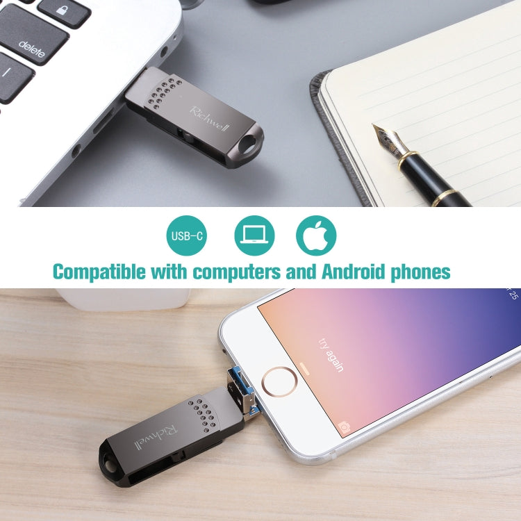 Richwell 64G Type-C + 8 Pin + USB 3.0 Metal Push-pull Flash Disk with OTG Function(Rose Gold) - U Disk & Card Reader by Richwell | Online Shopping UK | buy2fix