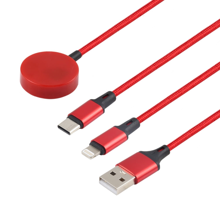 For iPhone / Apple Watch 3 In 1 8 Pin + Type-C / USB-C + Magnetic Charging Base Multi-function Charging Cable, Length: 1m(Red) - Multifunction Cable by buy2fix | Online Shopping UK | buy2fix