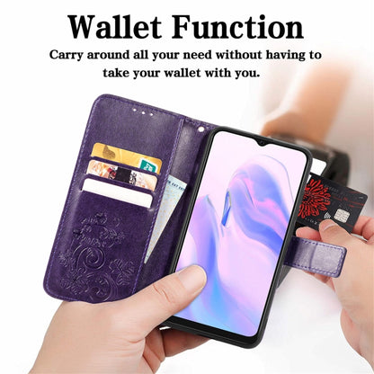 For Blackview A70 Four-leaf Clasp Embossed Buckle Mobile Phone Protection Leather Case with Lanyard & Card Slot & Wallet & Bracket Function(Purple) - More Brand by buy2fix | Online Shopping UK | buy2fix