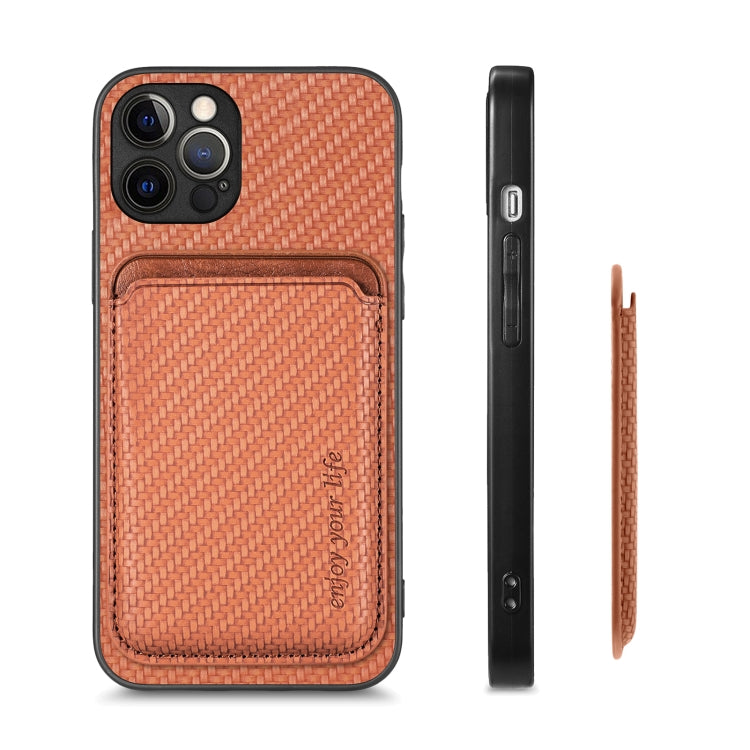 For iPhone 12 Pro Carbon Fiber Leather Card Magsafe Magnetic Phone Case(Brown) - iPhone 12 / 12 Pro Cases by buy2fix | Online Shopping UK | buy2fix