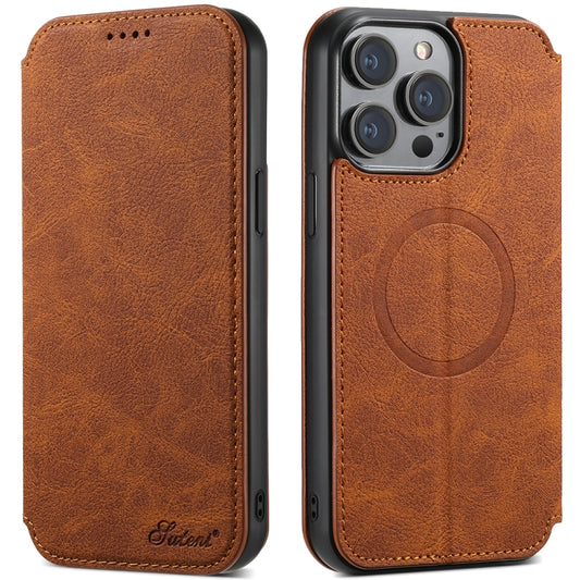 For iPhone 14 Pro Max Suteni J06 Retro Matte Litchi Texture Leather Magnetic Magsafe Phone Case(Khaki) - iPhone 14 Pro Max Cases by Suteni | Online Shopping UK | buy2fix
