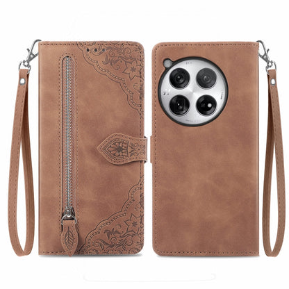 For OnePlus 12 Embossed Flower Zipper Leather Phone Case(Brown) - OnePlus Cases by buy2fix | Online Shopping UK | buy2fix