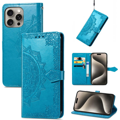 For iPhone 16 Pro Max Mandala Flower Embossed Leather Phone Case(Blue) - iPhone 16 Pro Max Cases by buy2fix | Online Shopping UK | buy2fix