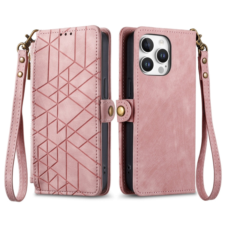 For iPhone 16 Pro Max Geometric Zipper Wallet Side Buckle Leather Phone Case(Pink) - iPhone 16 Pro Max Cases by buy2fix | Online Shopping UK | buy2fix