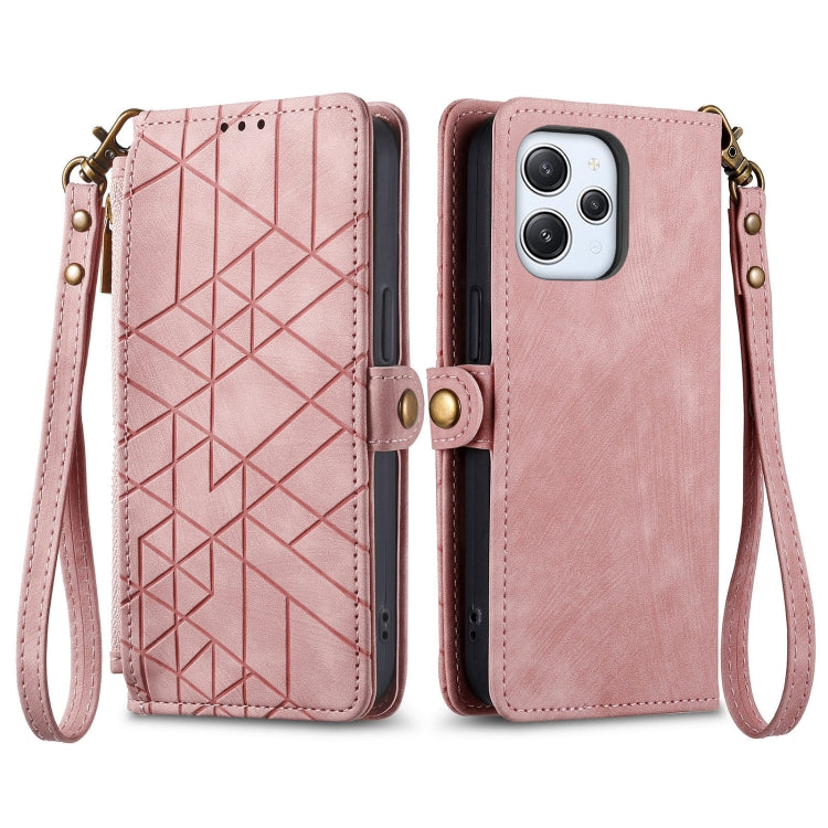 For Xiaomi Redmi 12 Geometric Zipper Wallet Side Buckle Leather Phone Case(Pink) - Xiaomi Cases by buy2fix | Online Shopping UK | buy2fix