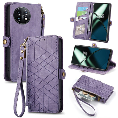 For OnePlus 11 Geometric Zipper Wallet Side Buckle Leather Phone Case(Purple) - OnePlus Cases by buy2fix | Online Shopping UK | buy2fix