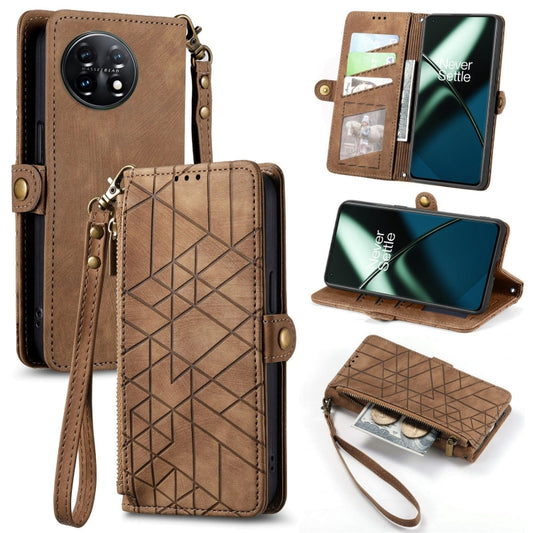 For OnePlus 11 Geometric Zipper Wallet Side Buckle Leather Phone Case(Brown) - OnePlus Cases by buy2fix | Online Shopping UK | buy2fix