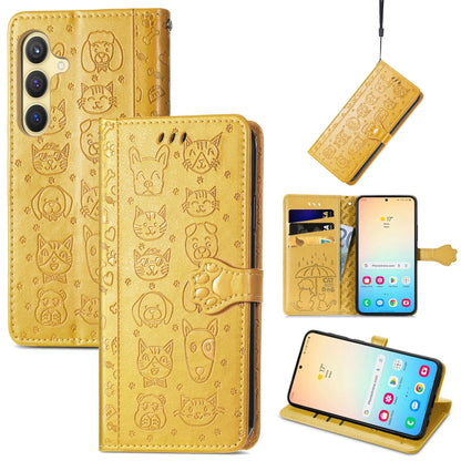 For Samsung Galaxy S25 Ultra 5G Cat and Dog Embossed Leather Phone Case(Yellow) - Galaxy S25 Ultra 5G Cases by buy2fix | Online Shopping UK | buy2fix