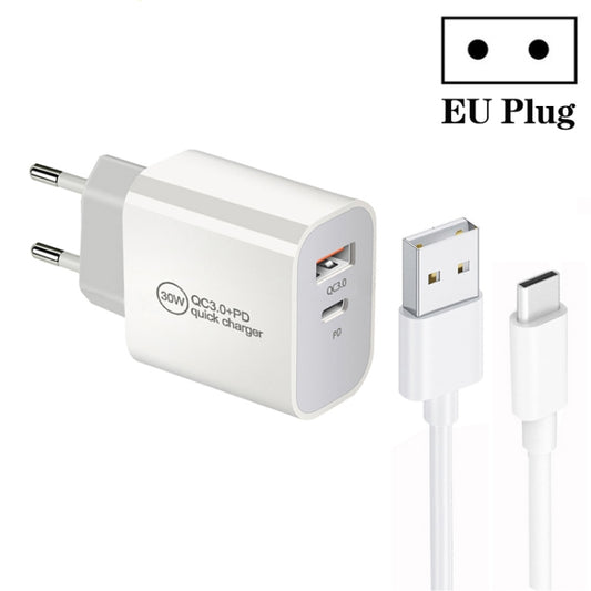 PD30W USB-C / Type-C + QC3.0 USB Dual Port Charger with 1m USB to Type-C Data Cable, EU Plug - USB Charger by buy2fix | Online Shopping UK | buy2fix