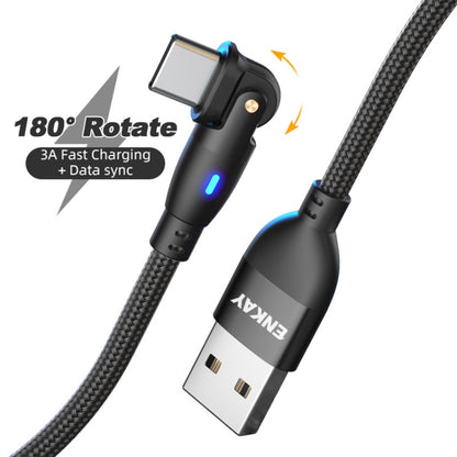 ENKAY 180 Degrees Rotating USB to Type-C 3A Fast Charging Data Cable with LED Light, Length:1m(Black) - USB-C & Type-C Cable by ENKAY | Online Shopping UK | buy2fix