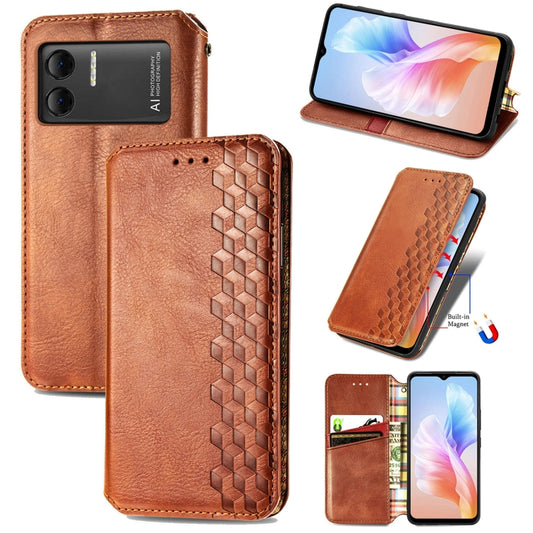 For DOOGEE X98 Pro / X98 Cubic Grid Pressed Magnetic Leather Phone Case(Brown) - Doogee Cases by buy2fix | Online Shopping UK | buy2fix