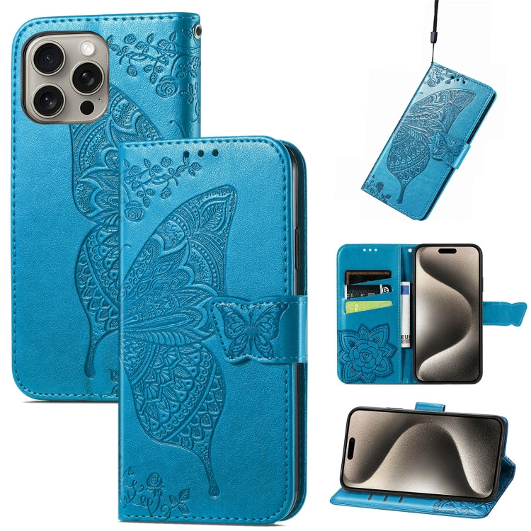 For iPhone 16 Pro Max Butterfly Love Flower Embossed Leather Phone Case(Blue) - iPhone 16 Pro Max Cases by buy2fix | Online Shopping UK | buy2fix