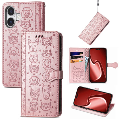 For iPhone 16 Plus Cat and Dog Embossed Leather Phone Case(Rose Gold) - iPhone 16 Plus Cases by buy2fix | Online Shopping UK | buy2fix