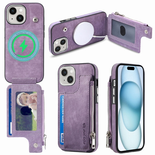 For iPhone 15 Magsafe Zipper RFID Wallet All-inclusive Shockrpoof Phone Case(Purple) - iPhone 15 Cases by buy2fix | Online Shopping UK | buy2fix