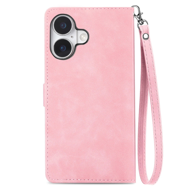 For iPhone 16 Embossed Flower Zipper Leather Phone Case(Pink) - iPhone 16 Cases by buy2fix | Online Shopping UK | buy2fix