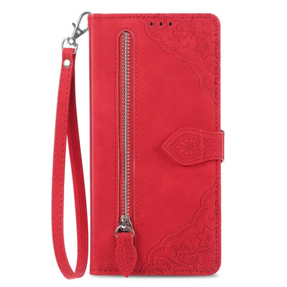 For iPhone 16 Pro Embossed Flower Zipper Leather Phone Case(Red) - iPhone 16 Pro Cases by buy2fix | Online Shopping UK | buy2fix