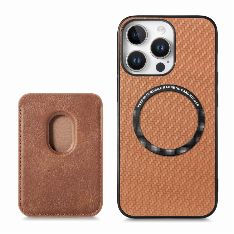 For iPhone 16 Pro Carbon Fiber Leather Card Magsafe Phone Case(Brown) - iPhone 16 Pro Cases by buy2fix | Online Shopping UK | buy2fix