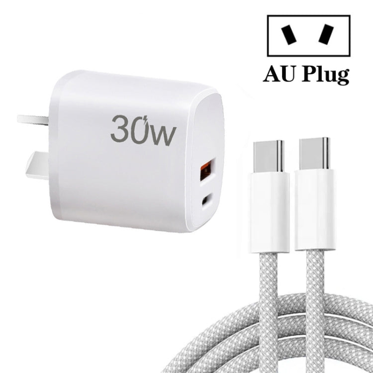 PD30W USB-C / Type-C + QC3.0 USB Charger with 1m Type-C to Type-C Data Cable, AU Plug(White) - USB Charger by buy2fix | Online Shopping UK | buy2fix