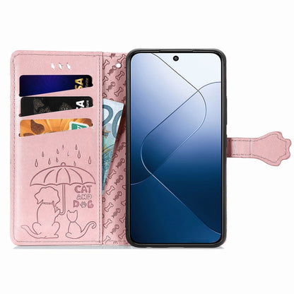 For  Xiaomi 14 Pro Cat and Dog Embossed Leather Phone Case(Rose Gold) - 14 Pro Cases by buy2fix | Online Shopping UK | buy2fix