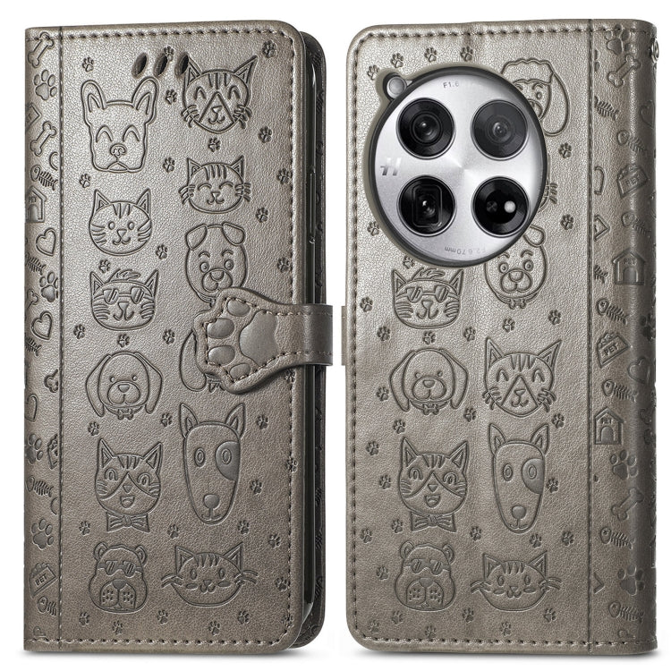 For OnePlus 12 Cat and Dog Embossed Leather Phone Case(Grey) - OnePlus Cases by buy2fix | Online Shopping UK | buy2fix