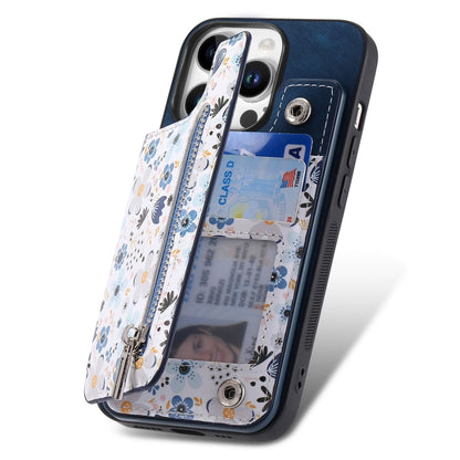 For iPhone 16 Pro Retro Painted Zipper Wallet Back Phone Case(Blue) - iPhone 16 Pro Cases by buy2fix | Online Shopping UK | buy2fix