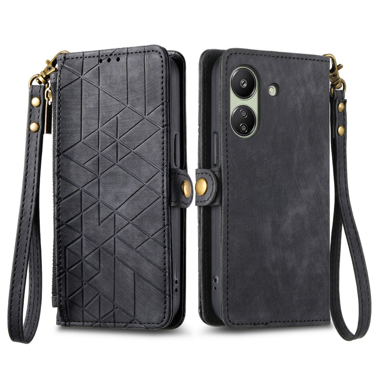 For Xiaomi Redmi 13C Geometric Zipper Wallet Side Buckle Leather Phone Case(Black) - 13C Cases by buy2fix | Online Shopping UK | buy2fix