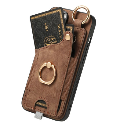 For iPhone 16 Retro Skin-feel Ring Card Bag Phone Case with Hang Loop(Brown) - iPhone 16 Cases by buy2fix | Online Shopping UK | buy2fix