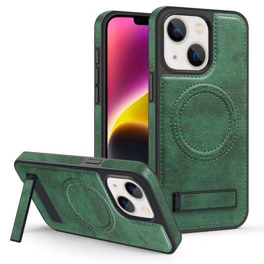 For iPhone 14 Multi-function Holder MagSafe PU Phone Case(Dark Green) - iPhone 14 Cases by buy2fix | Online Shopping UK | buy2fix