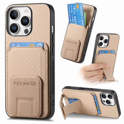 For iPhone 16 Pro Carbon Fiber Card Bag Fold Stand Phone Case(Khaki) - iPhone 16 Pro Cases by buy2fix | Online Shopping UK | buy2fix