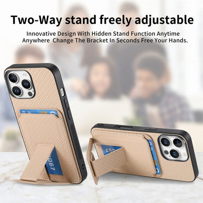 For iPhone 16 Pro Carbon Fiber Card Bag Fold Stand Phone Case(Khaki) - iPhone 16 Pro Cases by buy2fix | Online Shopping UK | buy2fix