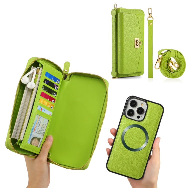 For iPhone 14 Pro MagSafe Crossbody Multi-functional Zipper Wallet Litchi Leather Phone Case(Green) - iPhone 14 Pro Cases by buy2fix | Online Shopping UK | buy2fix