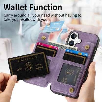 For iPhone 16 Retro Leather Zipper Wallet Back Phone Case(Purple) - More iPhone Cases by buy2fix | Online Shopping UK | buy2fix