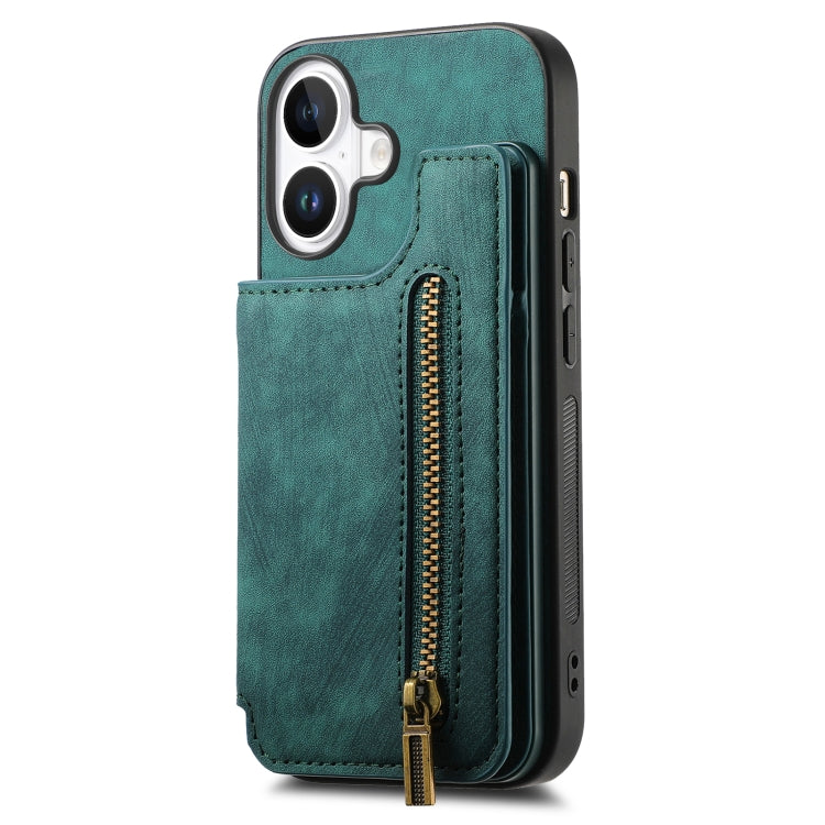 For iPhone 16 Plus Retro Leather Zipper Wallet Back Phone Case(Green) - More iPhone Cases by buy2fix | Online Shopping UK | buy2fix