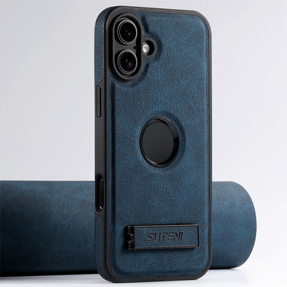 For iPhone 16 Suteni G2 Magsafe Litchi Texture Leather Back Phone Case with Holder(Blue) - iPhone 16 Cases by Suteni | Online Shopping UK | buy2fix