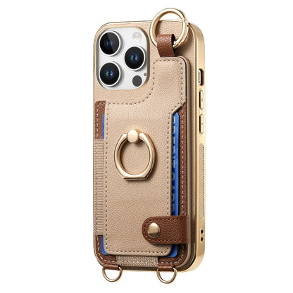 For iPhone 16 Pro Fashion Ring Card Bag Phone Case with Hang Loop(Khaki) - iPhone 16 Pro Cases by buy2fix | Online Shopping UK | buy2fix