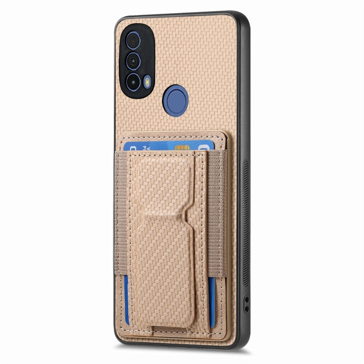 For Motorola Moto G Stylus 5G 2024 Carbon Fiber Fold Stand Elastic Card Bag Phone Case(Khaki) - Motorola Cases by buy2fix | Online Shopping UK | buy2fix