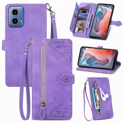 For Motorola Moto G Play 2024 Embossed Flower Zipper Leather Phone Case(Purple) - Motorola Cases by buy2fix | Online Shopping UK | buy2fix