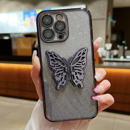 For iPhone 16 Plus Electroplated Gradient Glitter 3D Butterfly TPU Phone Case(Gradient Black) - iPhone 16 Plus Cases by buy2fix | Online Shopping UK | buy2fix